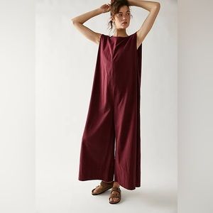 LARGE Free People Free-est Quinn cotton wide leg jumpsuit acai maroon